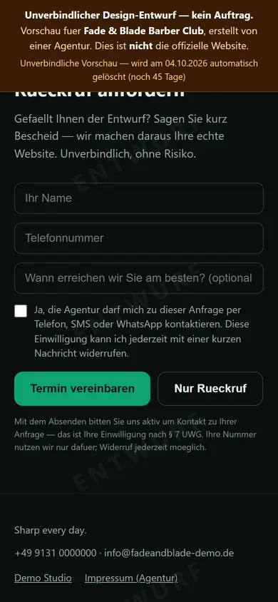 Mobile-Vorschau der Fantasie-Demo: Formular Termin vereinbaren