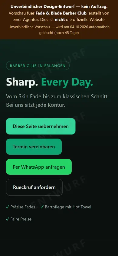 Mobile-Vorschau der Fantasie-Demo Fade & Blade: Hero mit Design-Entwurf-Banner