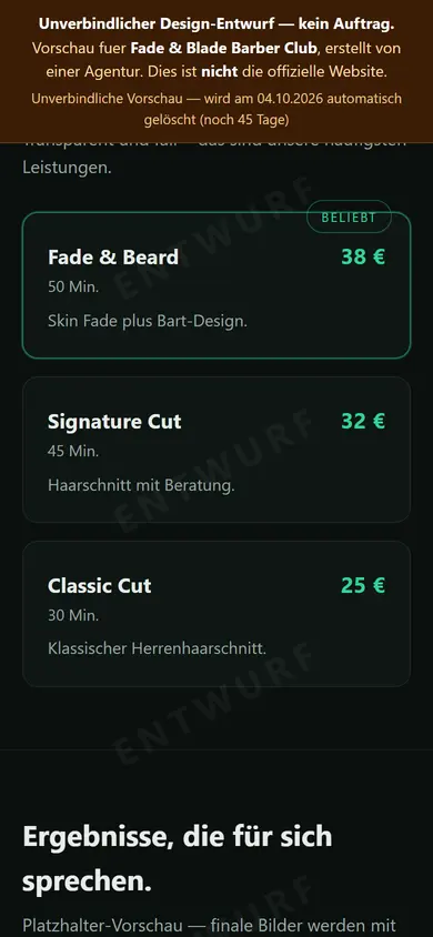 Mobile-Vorschau der Fantasie-Demo: Preisliste Fade & Beard, Signature Cut, Classic Cut